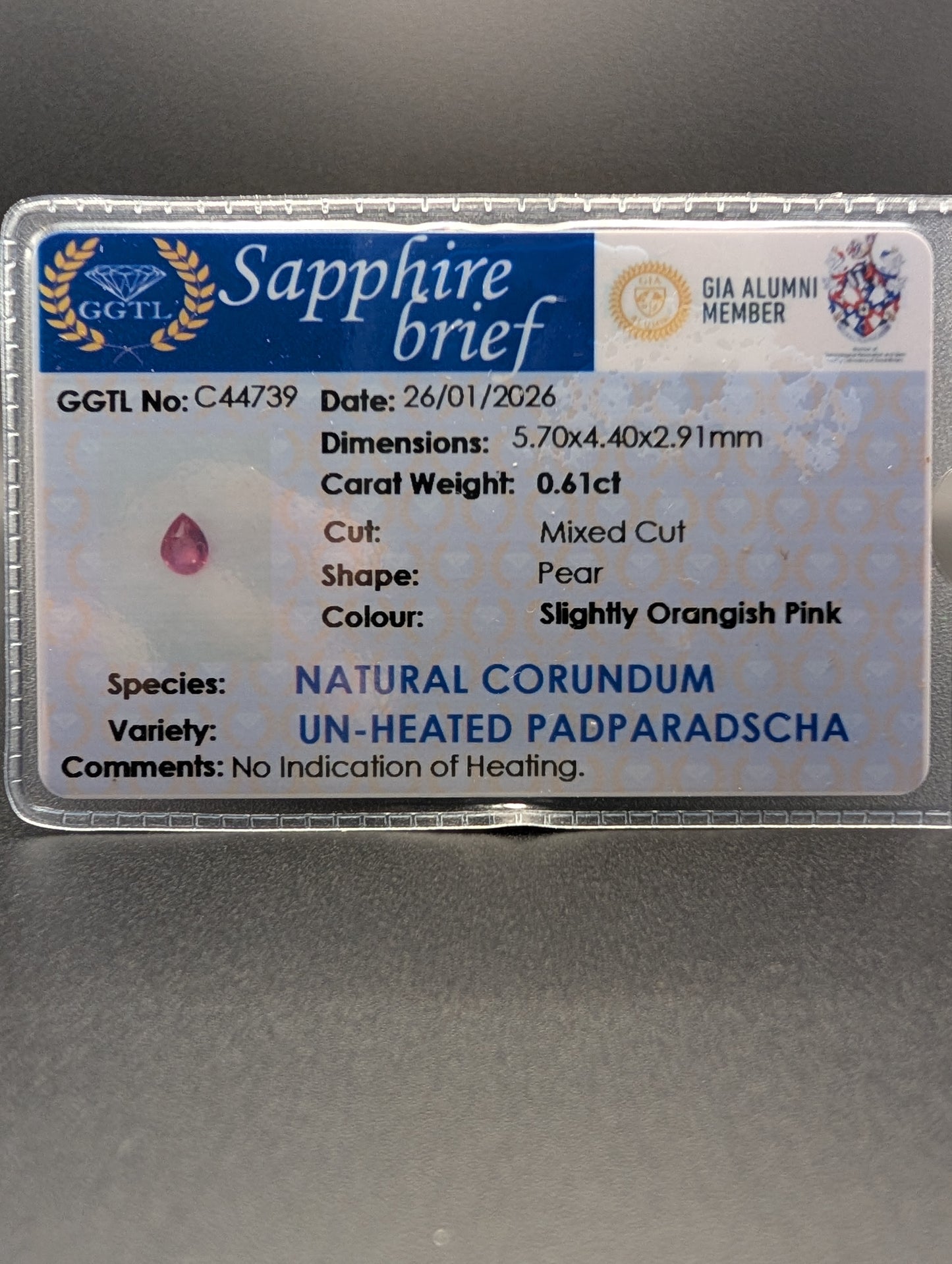 0.61ct Natural Unheated Padparadscha Sapphire - Pear Cut